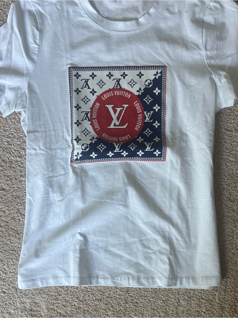 Louis Vuitton White Tee with Red & Navy Square Graphic